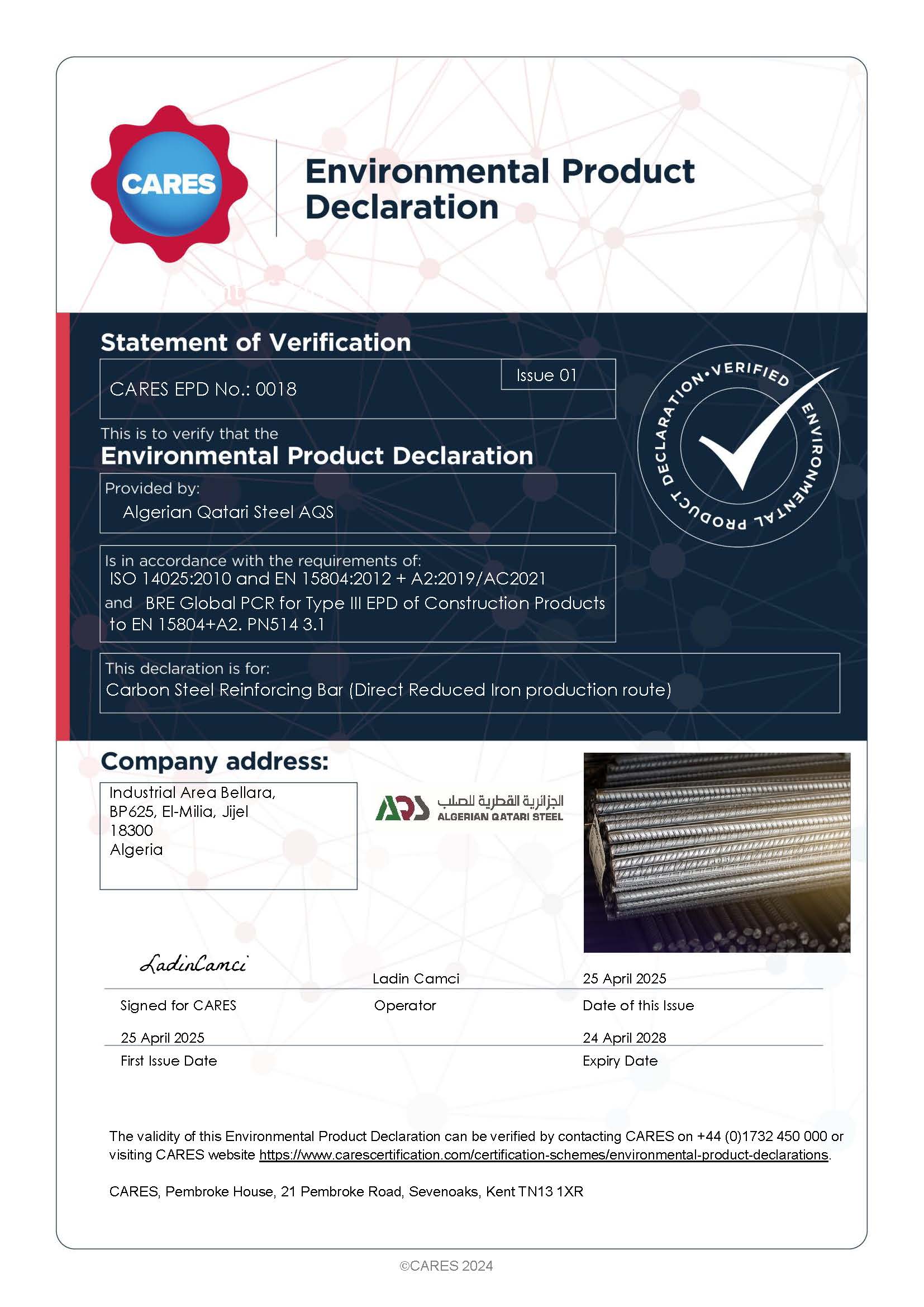 SPA Algerian Qatari Steel AQS EPD